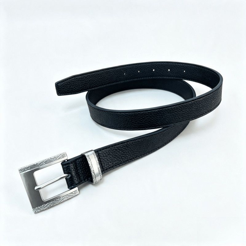 Litchi Grain Cowhide Belt Vintage Engraved Pin Buckle Waist Belt