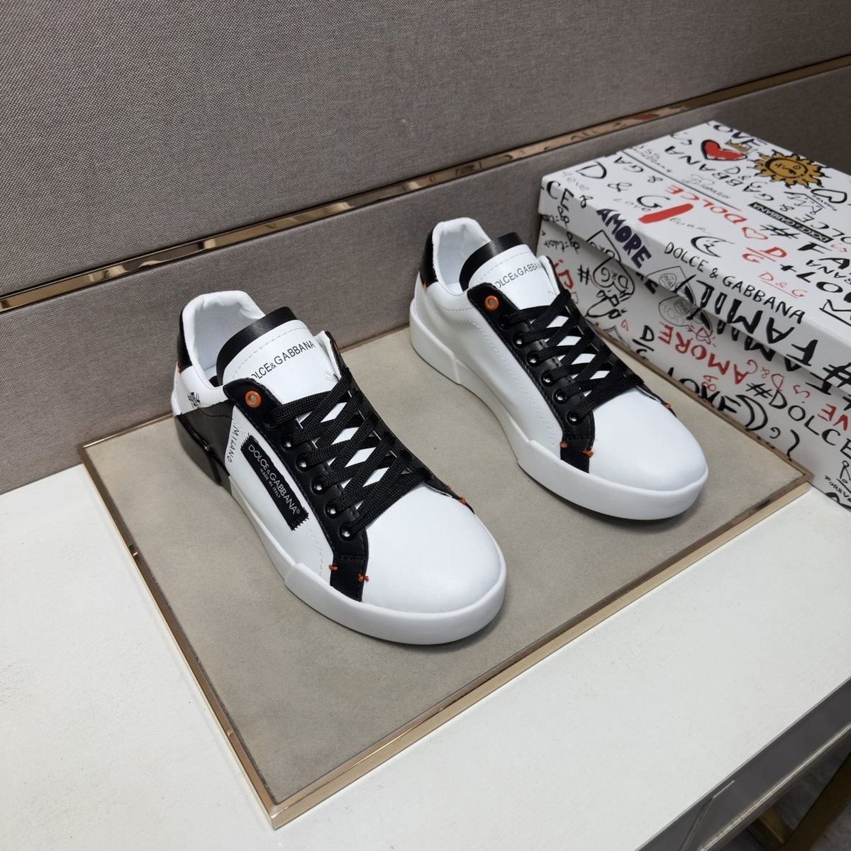 Dolce & Gabbana White Black Orange Low-Top Sneakers
