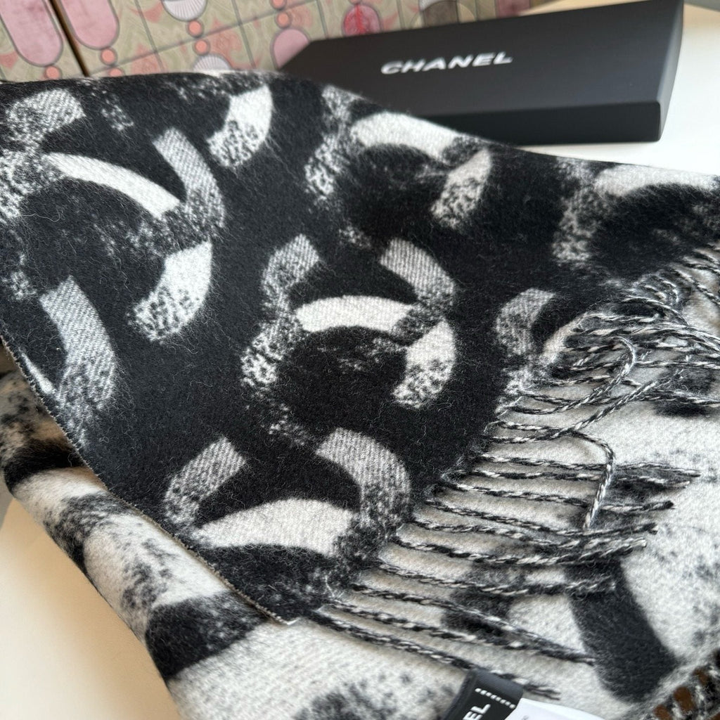 Chanel Black & White Fringed Scarf
